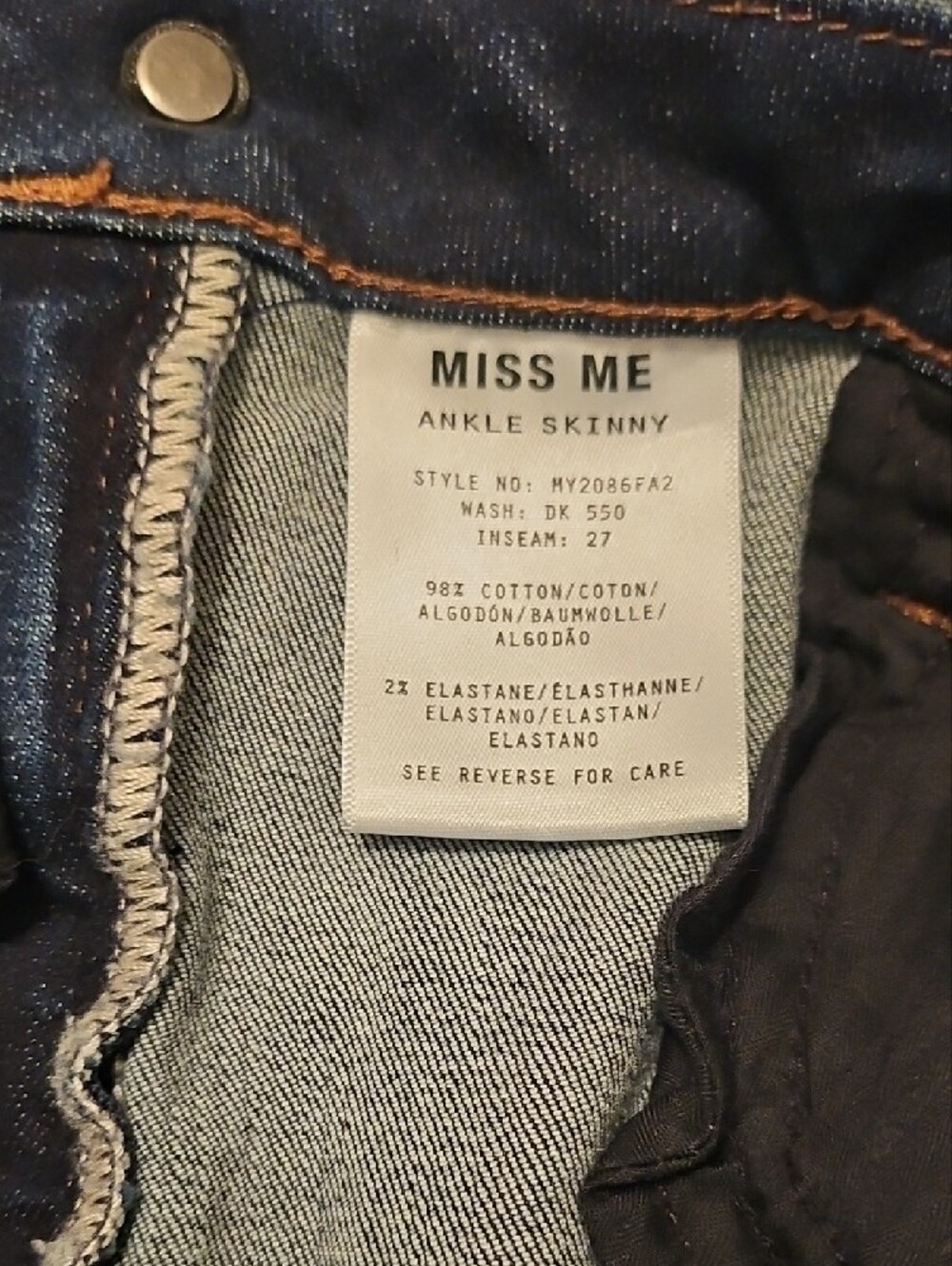 Miss Me -Ankle Skinny Jeans w/ Rhinestones & Beads Accents- Size 31 - Picture 7 of 9